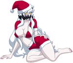  1girl breasts christmas cleavage covered_mouth horns kantai_collection large_breasts long_hair midway_hime pale_skin santa_hat shinkaisei-kan solo white_hair yellow_eyes 