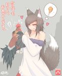  1girl 2017 animal animal_ears artist_name bare_shoulders bird black_hair blush_stickers breasts chicken chicken_(food) chicken_leg chinese_zodiac cleavage commentary_request cowboy_shot cube85 dress drooling eyes_visible_through_hair food grey_background highres holding imaizumi_kagerou kotoyoro long_hair long_sleeves medium_breasts new_year off_shoulder red_eyes rooster shiny shiny_hair shiny_skin signature sleeves_past_wrists slit_pupils solo sparkle thought_bubble tongue tongue_out touhou translated very_long_hair white_dress wolf_ears year_of_the_rooster you_gonna_get_eaten 