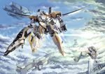  aircraft airplane fighter_jet flying gun highres holding holding_weapon jet karamas mecha military military_vehicle no_humans original signature weapon 