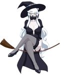  1girl breasts broom cleavage covered_mouth halloween high_heels horns kantai_collection large_breasts long_hair midway_hime pale_skin shinkaisei-kan solo thighhighs white_hair witch_hat yellow_eyes 