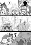  1boy 2girls armor bangs blunt_bangs blush breasts cagliostro_(granblue_fantasy) cape closed_eyes comic commentary_request gauntlets gran_(granblue_fantasy) granblue_fantasy greyscale headband headgear height_difference highres hug long_hair looking_at_another monochrome multiple_girls pauldrons sara_(granblue_fantasy) shaded_face small_breasts spoken_exclamation_mark sword translated wavy_hair weapon wooden_floor yapo_(croquis_side) 