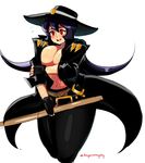  black_gloves breasts cleavage coat cosplay covering covering_breasts cropped_legs d-ryuu embarrassed filia_(skullgirls) fingerless_gloves gloves guilty_gear hat johnny_sfondi johnny_sfondi_(cosplay) large_breasts long_hair no_bra open_clothes open_coat pants red_eyes shirtless sketch skullgirls solo sweat thick_thighs thighs 
