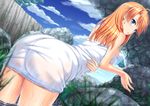  ass bad_perspective blue_eyes blue_sky breasts cloud day dutch_angle forest laxia_(ys) leaning_forward lips looking_at_viewer medium_breasts miyai_sen mountain naked_towel nature orange_hair outdoors parted_lips plant rock see-through sky solo standing towel wading water ys ys_viii_lacrimosa_of_dana 