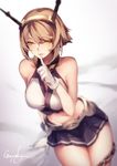  artist_name bare_shoulders bed_sheet black_skirt blurry breasts brown_hair chain collarbone depth_of_field eyebrows_visible_through_hair finger_to_mouth gloves green_eyes headgear kantai_collection kyouya_(mukuro238) large_breasts lips looking_at_viewer miniskirt mutsu_(kantai_collection) navel on_bed pleated_skirt red_legwear seductive_smile short_hair sitting skirt smile solo striped striped_legwear striped_skirt thighhighs white_gloves 