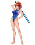  1girl arms_up azuma_kamimura baseball_bat bikini black_bikini breasts cara_the_blood_lord censored erect_nipples groin hand_on_hips kagami_hirotaka lilith-soft open_clothes open_shirt orange_hair posing purple_eyes shirt solo swimsuit weapon 