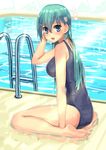  1girl :d alternate_costume aqua_eyes aqua_hair bad_id bad_pixiv_id bare_arms bare_legs bare_shoulders barefoot blush breasts commentary_request feet from_side full_body hair_between_eyes hair_ornament highres kantai_collection large_breasts long_hair looking_at_viewer looking_to_the_side one-piece_swimsuit open_mouth pool pool_ladder poolside school_swimsuit sitting smile solo soushou_nin suzuya_(kantai_collection) swimsuit wariza 