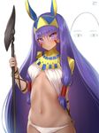  bangs blush bracelet breasts closed_mouth dark_skin eyebrows_visible_through_hair facepaint fate/grand_order fate_(series) hair_between_eyes hairband highres holding holding_staff image_sample jewelry jpeg_artifacts long_hair looking_at_viewer medium_breasts medjed midriff navel nitocris_(fate/grand_order) polearm purple_eyes purple_hair simple_background solo staff twitter_sample upper_body very_long_hair weapon white_background yaman 