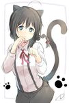  ahoge alternate_costume animal_ears black_hair blue_eyes braid cat_ears cat_tail commentary_request hair_ornament kantai_collection kemonomimi_mode long_hair long_sleeves looking_at_viewer paw_pose paw_print shigure_(kantai_collection) single_braid skirt solo suspender_skirt suspenders tail yukichi_(eikichi) 