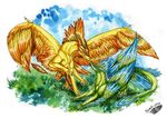  2013 ambiguous_gender blue_feathers claws dragon duo feathered_wings feathers feral green_feathers horn lying natoli nude orange_feathers smile spines standing traditional_media_(artwork) wings yellow_feathers 