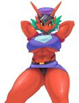  anthro big_breasts blaziken breasts brown_eyes clothing cosplay female green_hair hair hands_behind_head hat midriff nintendo officer_jenny pok&eacute;mon pok&eacute;morph police_uniform punkinillus simple_background smile solo thick_thighs under_boob uniform upskirt video_games white_background 