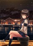  black_legwear blue_skirt blush boat bollard brown_footwear building closed_mouth crossed_legs from_side fubuki_(kantai_collection) green_eyes ichikawa_feesu kantai_collection night night_sky ocean ponytail reflection school_uniform serafuku shoes short_sleeves sitting skirt sky smile snowing solo tree water watercraft 