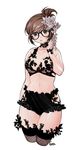  artist_name bangs bare_shoulders black-framed_eyewear black_legwear blush breasts brown_eyes brown_hair choker chungu cleavage collarbone cowboy_shot flower glasses hair_bun hair_flower hair_ornament hand_up highres lingerie medium_breasts mei_(overwatch) midriff navel open_mouth overwatch simple_background solo thighhighs underwear white_background 