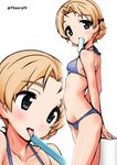  aegis_(nerocc) bangs bikini black_bow blue_bikini blue_eyes bow braid breasts commentary cowboy_shot eyebrows_visible_through_hair face food food_in_mouth from_side girls_und_panzer hair_bow looking_at_viewer mouth_hold multiple_views open_mouth orange_hair orange_pekoe popsicle short_hair simple_background small_breasts standing swimsuit tied_hair twin_braids twitter_username white_background 