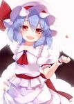  :d ascot bat_wings blue_hair blush brooch commentary_request cowboy_shot fang fangs frilled_shirt_collar frills gengetsu_chihiro hair_between_eyes hat hat_ribbon jewelry looking_at_viewer mob_cap open_mouth puffy_short_sleeves puffy_sleeves red_eyes red_ribbon remilia_scarlet ribbon sash shirt short_sleeves skirt skirt_set smile solo touhou white_shirt white_skirt wings wrist_cuffs 