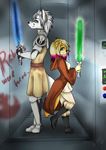  argonaut armor blue_eyes canine clothed clothing dog female fox golden_retriever graffiti green_eyes highlights itaksuke lightsaber male mammal pose robes sarah_fang simple_background star_wars 