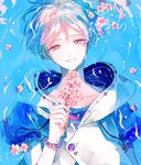  ahma bracelet buttons cherry_blossoms collarbone commentary_request ensemble_stars! floating flower green_eyes highres holding holding_flower hood jewelry layered_clothing male_focus partially_submerged petals petals_on_liquid smile solo tenshouin_eichi 