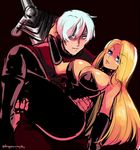  1girl blonde_hair blue_eyes bodice breasts carrying choker cleavage crossed_legs d-ryuu dante_(devil_may_cry) devil_may_cry devil_may_cry_2 large_breasts long_hair princess_carry short_hair silver_hair sketch trish_(devil_may_cry) 