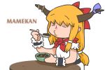  1girl arm_rest arm_up bangs beans belt blowing bow bowl chibi commentary_request eating eyes_closed hair_bow holding holding_bowl holding_spoon horn_ribbon horns ibuki_suika long_hair low-tied_long_hair neck_ribbon onikobe_rin orange_hair puckered_lips red_neckwear ribbon shirt sidelocks simple_background sleeveless sleeveless_shirt solo spoon table touhou upper_body white_background white_shirt wrist_cuffs 