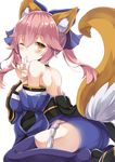  animal_ears ass bad_id bad_pixiv_id bangs blue_bow blue_legwear blush bow breasts commentary_request detached_sleeves eyebrows_visible_through_hair fate/extra fate_(series) finger_to_mouth fox_ears fox_girl fox_shadow_puppet fox_tail hair_between_eyes hair_bow japanese_clothes large_breasts long_hair looking_at_viewer one_eye_closed pink_hair shushing simple_background sitting solo tail tamamo_(fate)_(all) tamamo_no_mae_(fate) thighhighs thighs wariza white_background yuzu-aki 