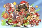  2girls animal_ears aqua_eyes armlet bastet_(fullbokko_heroes) bell black_hair blonde_hair box candy candy_cane cat_ears cat_tail claws drill_hair earrings eyebrows_visible_through_hair fang food fullbokko_heroes furry gift gift_box hat holding holly jewelry jingle_bell long_hair multiple_girls official_art open_mouth orange_eyes outstretched_arm paws pelvic_curtain santa_costume santa_hat shigatake short_hair sitting sled smile snow star sweat tail thick_eyebrows thighhighs toeless_legwear 