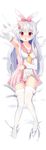  absurdres bare_shoulders braid dakimakura detached_sleeves dress full_body half_updo heart heart-shaped_pupils highres long_hair lying mimikkoui momona_(mvv) panties pantyshot pantyshot_(lying) pink_eyes pom_pom_(clothes) sailor_collar silver_hair sleeves_past_wrists solo striped striped_panties symbol-shaped_pupils thighhighs underwear white_legwear yesheng_yaomeng 