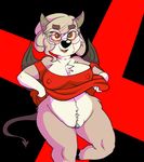  2016 anthro big_clitoris black_background black_nose bottomless bovine breasts cattle chest_tuft cleavage clitoris clothed clothing demon demon_horns eyewear female fur glasses grey_fur grey_hair hair hooves horn lydia_hudson mammal monster nipple_bulge open_mouth pubes pussy red_background red_eyes scar sharp_teeth shirt shirt_pull simple_background solo spade_tail sprocket_(artist) standing succubus teeth tuft wide_hips yellow_sclera 