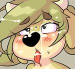  2016 ahegao anthro black_nose blush bovine cattle clothed clothing cum cum_in_hair cum_in_mouth cum_inside cum_on_face drooling female freckles fur green_fur green_hair grey_background hair horn looking_pleasured maggie_hudson mammal messy open_mouth saliva simple_background solo sprocket_(artist) sweat tan_fur tongue tongue_out topless 