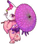  anthro cat clothing cute digimon feline flower gatomon hairpin japanese_clothing kimono long_sleeves looking_at_viewer looking_back mammal plant purple_eyes simple_background tory umbrella white_background 