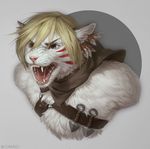  2016 angry anthro biped black_eyes black_fur blonde_hair bust_portrait cape caraid cat clothing digital_media_(artwork) eyebrows facial_markings fangs feathers feline front_view fur grey_background hair hissing kodiakone kunai lips loose_feather male mammal markings multicolored_fur open_mouth pink_lips pink_nose pink_tongue portrait red_fur red_markings short_hair signature simple_background solo teeth tongue weapon whiskers white_fur 