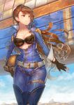  alternate_costume arm_at_side beatrix_(granblue_fantasy) bikini_top black_gloves blurry boots breasts breasts_outside brown_eyes brown_hair cleavage collarbone cowboy_shot depth_of_field fingerless_gloves gloves granblue_fantasy headwear_removed helmet helmet_removed large_breasts long_hair looking_to_the_side smile solo thigh_boots thigh_strap thighhighs tsurime unzipped urokoda 