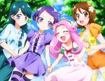  :d blue_eyes blue_hair blush bracelet braid brown_eyes brown_hair closed_eyes cowboy_shot crown_braid day dokidoki!_precure dress flower go!_princess_precure hair_flower hair_ornament hairclip hanami_kotoha happinesscharge_precure! headband holding_hands jewelry kaidou_minami kenzaki_makoto long_hair looking_at_viewer mahou_girls_precure! masako_(sabotage-mode) multiple_girls oomori_yuuko open_mouth outdoors pink_hair precure purple_eyes purple_hair short_hair shorts single_braid smile thighhighs watch wristwatch yellow_eyes 