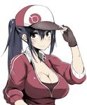  black_gloves black_hair breasts brown_eyes cleavage female_protagonist_(pokemon_go) fingerless_gloves freedom_nakai gloves hat highres jacket large_breasts long_hair looking_at_viewer pokemon pokemon_go ponytail simple_background smile solo sweat white_background 
