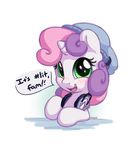  ! 2017 beanie blush bobdude0 cute dialogue english_text equine female friendship_is_magic green_eyes hair hat headphones horn looking_at_viewer mammal multicolored_hair my_little_pony simple_background solo sweetie_belle_(mlp) text two_tone_hair unicorn white_background 