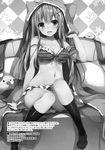  bed bilingual blush bra breasts chinese cleavage frills greyscale highres hood long_hair looking_at_viewer medium_breasts monochrome navel open_mouth original panties scan sitting smile socks solo stuffed_toy tomose_shunsaku underwear 