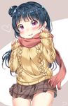  absurdres blue_hair blush hair_bun highres long_hair looking_at_viewer love_live! love_live!_sunshine!! open_mouth purple_eyes scarf smile solo sweater tem10 tsushima_yoshiko younger 