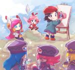  6+girls adeleine apple beret black_hair blonde_hair blue_hair blurry blush_stickers canvas_(object) chiimako crystal depth_of_field eating eyes_closed fairy_wings flamberge_(kirby) food francisca_(kirby) fruit hat hot_dog ice_cream kirby:_star_allies kirby_(series) long_hair maxim_tomato medium_hair multiple_girls nintendo painting parfait pink_hair pudding red_hair ribbon_(kirby) sitting standing susie_(kirby) wings zan_partizanne 
