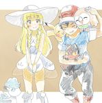  1girl alolan_form alolan_vulpix bangs baseball_cap blonde_hair blunt_bangs blush braid collared_dress dress gen_1_pokemon gen_7_pokemon green_eyes hat highres kneehighs kuriyama lillie_(pokemon) litten long_hair md5_mismatch pants pikachu pokemon pokemon_(anime) pokemon_(creature) pokemon_sm_(anime) rowlet satoshi_(pokemon) see-through shirt sleeveless sleeveless_dress sun_hat sundress t-shirt twin_braids white_dress white_hat white_legwear 