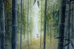  amber_t axe back bamboo bamboo_forest black_hair forest from_behind glowing leaf light_particles long_hair mushishi nature on_ground outdoors setsu_(mushishi) sitting solo traditional_media tree watercolor_(medium) 