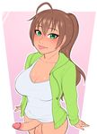  ahoge blush bottomless breasts brown_hair cleavage erection futanari green_eyes green_hoodie hoodie kamiya_midori large_breasts long_hair looking_at_viewer original penis ponytail razalor shiny shiny_hair shiny_skin shirt testicles tied_hair tongue tongue_out uncensored white_shirt 