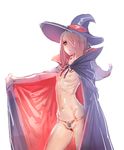  bow_(bhp) breasts cape cowboy_shot emaciated hair_over_one_eye hat little_witch_academia long_hair navel nipples outstretched_arm purple_hair red_eyes ribs shiny shiny_skin simple_background skinny small_breasts solo sucy_manbavaran topless white_background witch witch_hat 