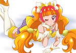  amanogawa_kirara boots cure_twinkle gloves go!_princess_precure hanzou long_hair looking_at_viewer low-tied_long_hair lying magical_girl multicolored_hair on_stomach one_eye_closed orange_hair precure purple_eyes quad_tails red_hair solo streaked_hair thigh_boots thighhighs twintails two-tone_hair white_background white_footwear white_gloves 