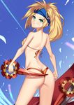  absurdres ass back bandana bikini blonde_hair blue_headband braid final_fantasy final_fantasy_x final_fantasy_x-2 green_eyes highres looking_back rikku solo squirrelhollow swimsuit thong_bikini weapon 