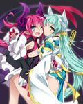  ;d armpits ass blue_eyes brown_eyes detached_sleeves dragon_girl dragon_horns dragon_tail elizabeth_bathory_(fate) elizabeth_bathory_(fate)_(all) fate/extra fate/extra_ccc fate/grand_order fate_(series) flat_chest green_hair hair_ornament highres horns hug kiyohime_(fate/grand_order) long_hair looking_at_viewer mtu_(orewamuzituda) multiple_girls one_eye_closed open_mouth pointy_ears red_hair smile tail thighhighs 
