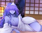  arano_oki bangs bare_shoulders blue_hair blue_skin breasts cherry_blossoms cleavage collarbone hair_over_eyes huge_breasts japanese_clothes kimono long_hair long_sleeves looking_at_viewer lying off_shoulder okiku_(banchou_sarayashiki) on_side parted_lips purple_hair purple_skin sidelocks sliding_doors smile solo touhou triangular_headpiece very_long_hair wide_sleeves 