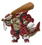  abs anthro armor baseball_bat belt biceps bulge claws clothing fin fish gloves grin hoodie huge_muscles invalid_tag kuroma leather_straps light_skin male mammal marine muscular pecs quads red_skin scar shark smile solo teeth thong triceps wide_hips 
