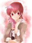  1girl blush breasts iria_animi jacket red_eyes red_hair scarf short_hair smile tales_of_(series) tales_of_innocence 