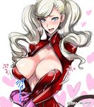  blue_eyes blush bodysuit breasts center_opening cleavage gloves hair_ornament hairclip heart isao large_breasts long_hair persona persona_5 pink_gloves silver_hair solo takamaki_anne twintails unzipping zipper 