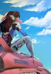  2017 artist_name blizzard_(company) blue_bodysuit blue_sky bodysuit breasts brown_hair bubble_blowing chewing_gum clothes_writing cloud commentary d.va_(overwatch) dated day facepaint facial_mark from_behind from_side gloves gun handgun headphones high_collar highres holding holding_gun holding_weapon lips logo long_hair looking_afar mecha medium_breasts meka_(overwatch) nia_obidos_townsend no_pupils nose outdoors overwatch pilot_suit pink_lips pistol profile ribbed_bodysuit shoulder_pads signature sitting skin_tight sky solo weapon whisker_markings white_gloves white_legwear 