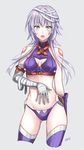  alternate_costume artist_name bandaged_arm bandages banned_artist bare_shoulders belt breasts cleavage_cutout covering_navel crop_top fate/apocrypha fate/grand_order fate_(series) green_eyes halloween hand_on_own_stomach jack_the_ripper_(fate/apocrypha) long_hair looking_at_viewer medium_breasts older open_mouth orii_(orii_i) panties scar silver_hair solo thighhighs underwear 