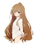  aisaka_taiga arms_behind_back ass bangs big_hair bottomless bow brown_eyes brown_hair cowboy_shot dress_shirt flat_chest from_side hands_together highres long_hair long_sleeves looking_at_viewer shirt solo standing tareme toradora! very_long_hair waterkuma white_shirt 